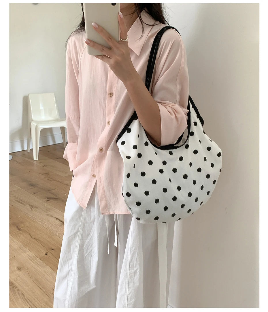 LIZAKOSHT  -  Fashion Wave Dot Shoulder Bag Versatile Large Capacity Commuter Tote Bags Casual Cotton Handbag