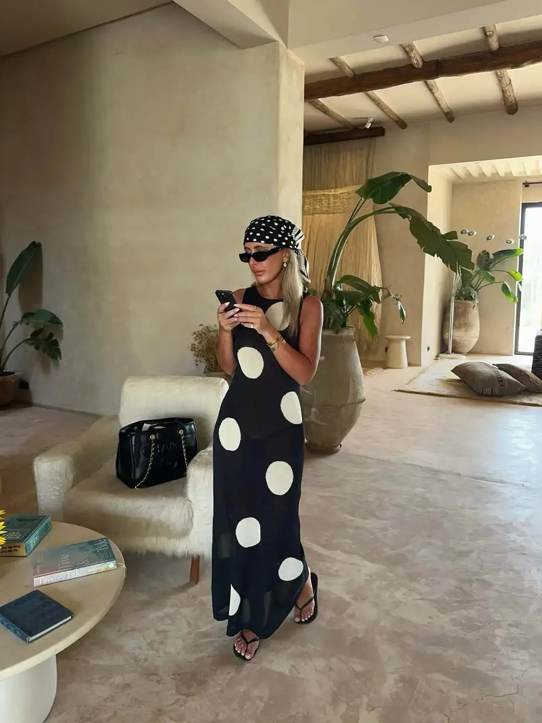 LIZAKOSHT  -  Retro Large Polka Dots Sleeveless Dress Women Chic Round Neck Off-shoulder Slim Midi Dresses Lady Holiday Street Vestidos