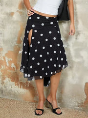 LIZAKOSHT  -  Polka Dot Printed Irregular Split Women Skirt Black High Waist Ruffles Slim Long Skirt Female Spring Casual Streetwear