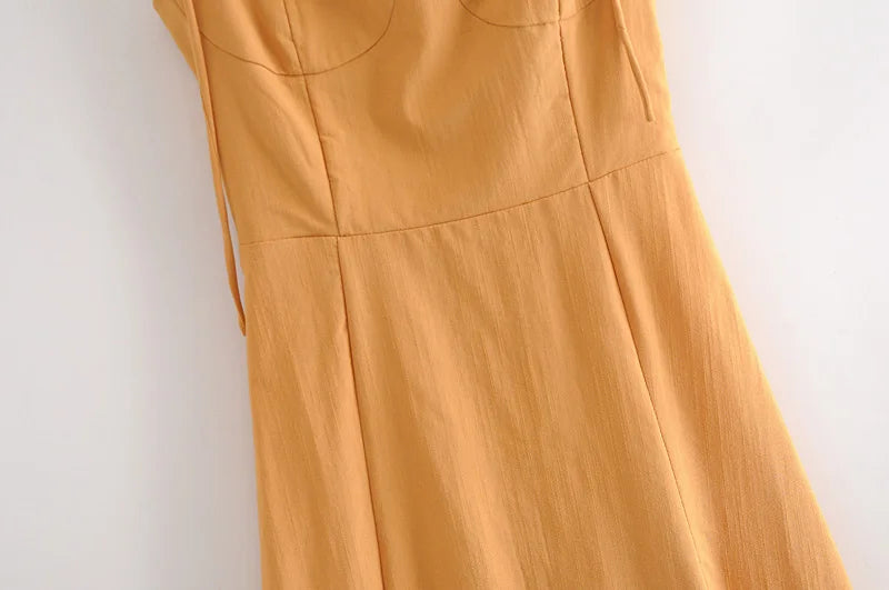 LIZAKOSHT  -  Sexy Solid Yellow Corset Style Bow Lacing up Strap Sling Dress Retro French Style Women Hem Slit Midi Long Dresses Holiday Robe