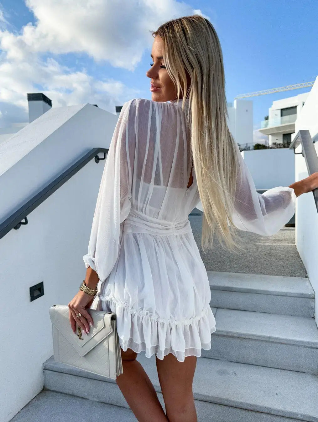 LIZAKOSHT  -  Sweet Casual Vaion Dr Women's Stand Collar Chiffon A-Line Skirt Ele Folded High Waist Spring Summer Long Sve