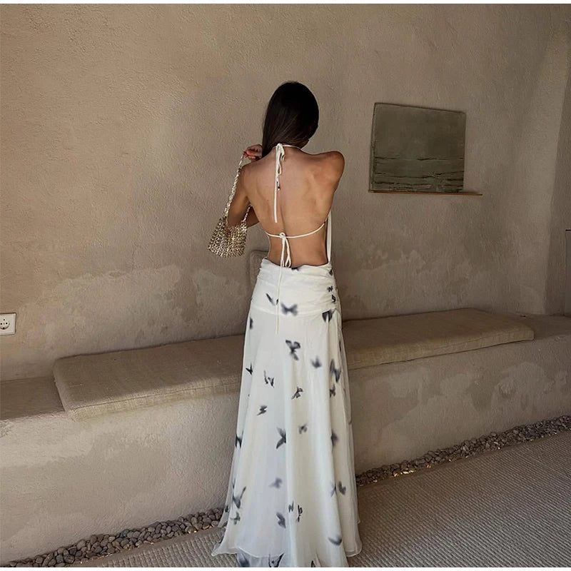 LIZAKOSHT  -  Sexy Printed Halter Long Dresses Women Fashion Sleeveless Backless High Waist Slim Maxi Dress 2025 Lady Summer Chic Casual Robes