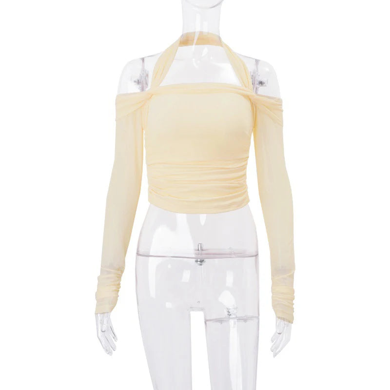 LIZAKOSHT  -  Hot Sexy Halter Ruched Women Skinny T-shirts Off Shoulder Solid Color Long-sleeved Autumn Streetwear Club Top Clothing