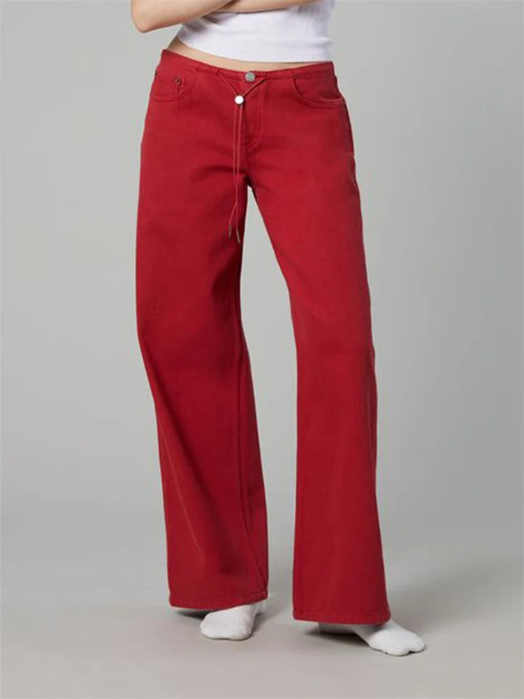 LIZAKOSHT  -  Women Drawstring Jeans Loose Solid Color Low Waist Straight Leg Denim Pants Casual Long Trousers Out Going Pants