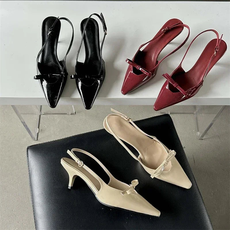 LIZAKOSHT  -  Patent Leather Bow Sandals Women Pumps Pointed Toe Low Heel Slingback Shoe Ladies Shallow Fashion Elegant High Heels Dress Shoes