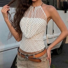 LIZAKOSHT  -  Street Fashion Design Swinging Collar Polka Dot Neck Sleeveless Vest Slim Fit Versatile and Thin Mesh Top