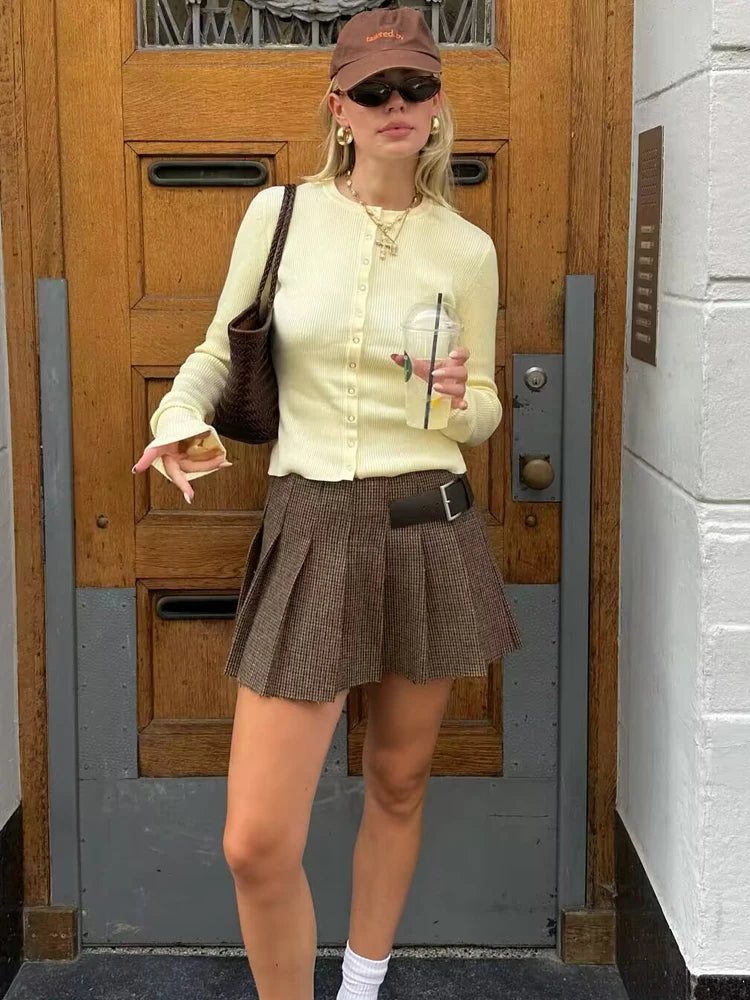 LIZAKOSHT  -  Chic Houndstooth Skirts for Women 2025 Spring Female Slim A-Line Mini Skirt Lady Elegant Short Pleated Skirt with Buckle
