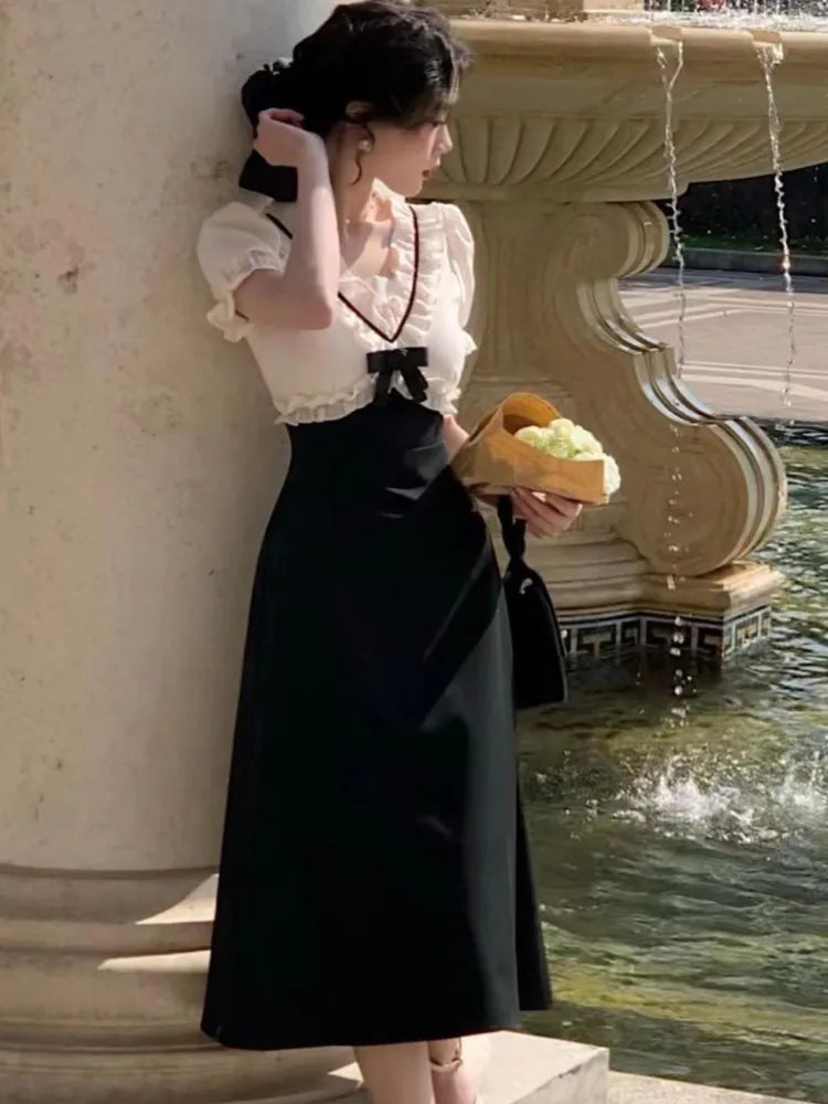 LIZAKOSHT  -  Women Elegant V-neck High Waist Patchwork Midi Dress Female Puff Sleeve Ruffle France Dress Female Holiday Beach Dress