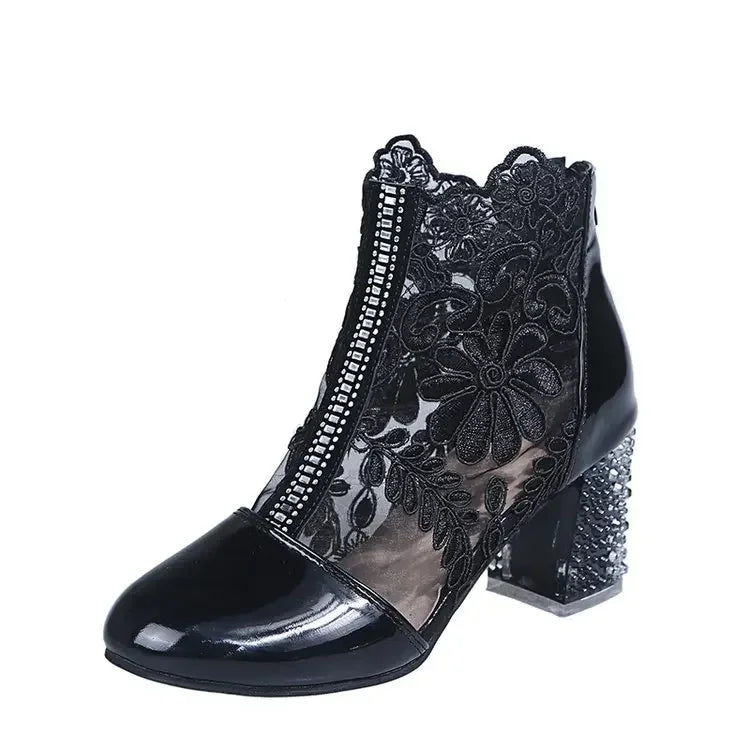 LIZAKOSHT  -  Ethnic Style Women Retro Lace High Heels Ankle Boots Autumn Embroider Pointed Toe Platform Short Boot Thick Heeled Pumps