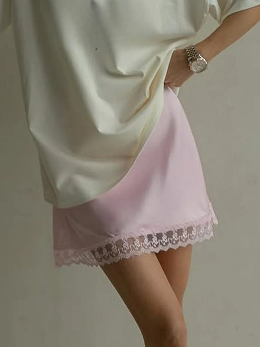 LIZAKOSHT  -  New Chic Lace Patchwork Pink Skirts Women's Summer Zip-up Slim Satin Skirt Female Casual Short Dress Y2K Streetwear