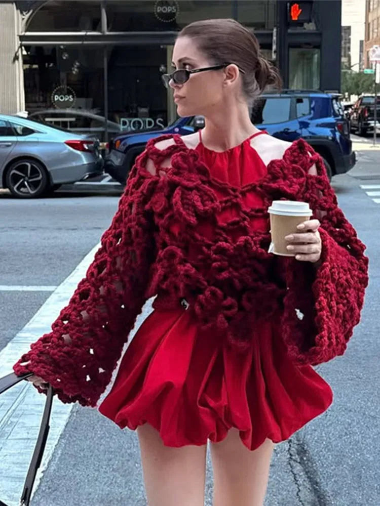 LIZAKOSHT  -  Knit Flower Pink Women's Sweater Autumn Hollow Out V-neck Long Sleeve Female Pullover 2025 Fashion Thin Lady Loose Knitwear