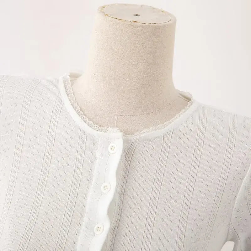 LIZAKOSHT  -  Early Autumn Short Hollow out Lace Trim Long Sleeve round Neck Single Button Open Cardigan Women's T-shirt Cotton Blend
