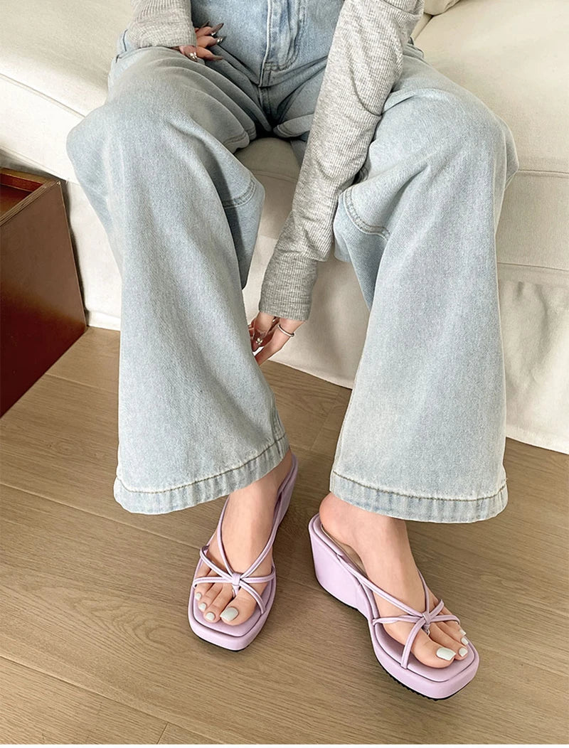 LIZAKOSHT  -  Designer Summer Women Wedges Heel Clip Toe Slippers Concise Narrow Band Slide Ladies Outdoor Party Dress Sandalias