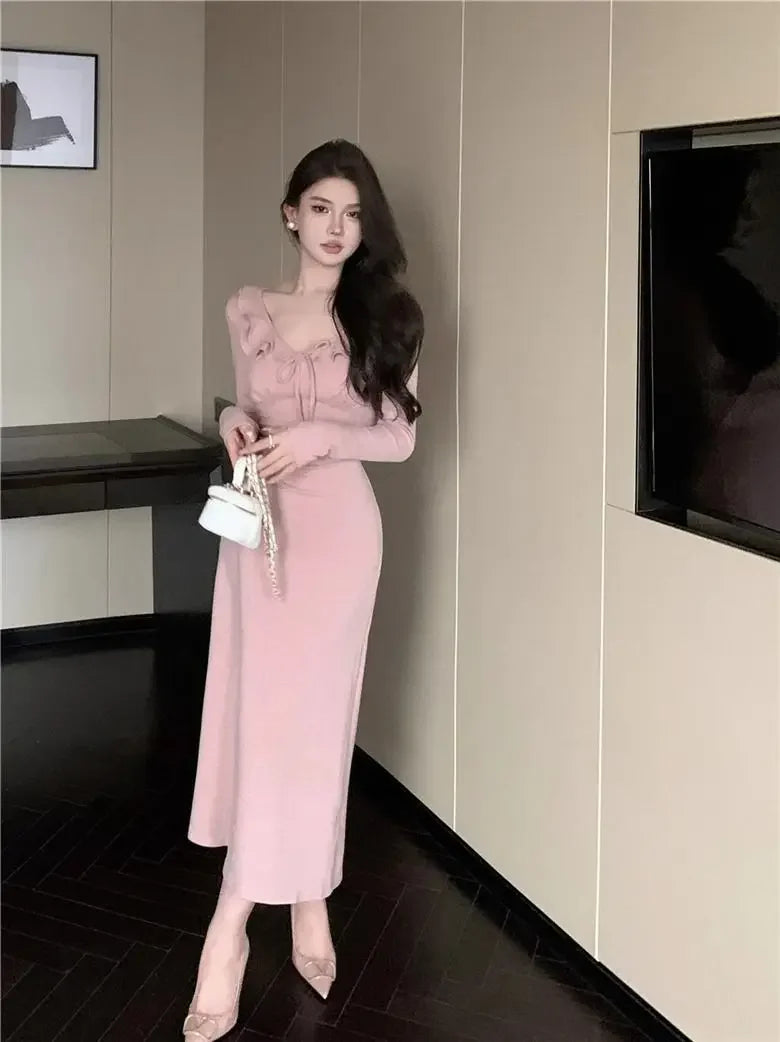 LIZAKOSHT  -  V-neck Lotus Leaf Dress Women's Strappy Waist Long-sleeved Gentle Style A-line Long Skirt