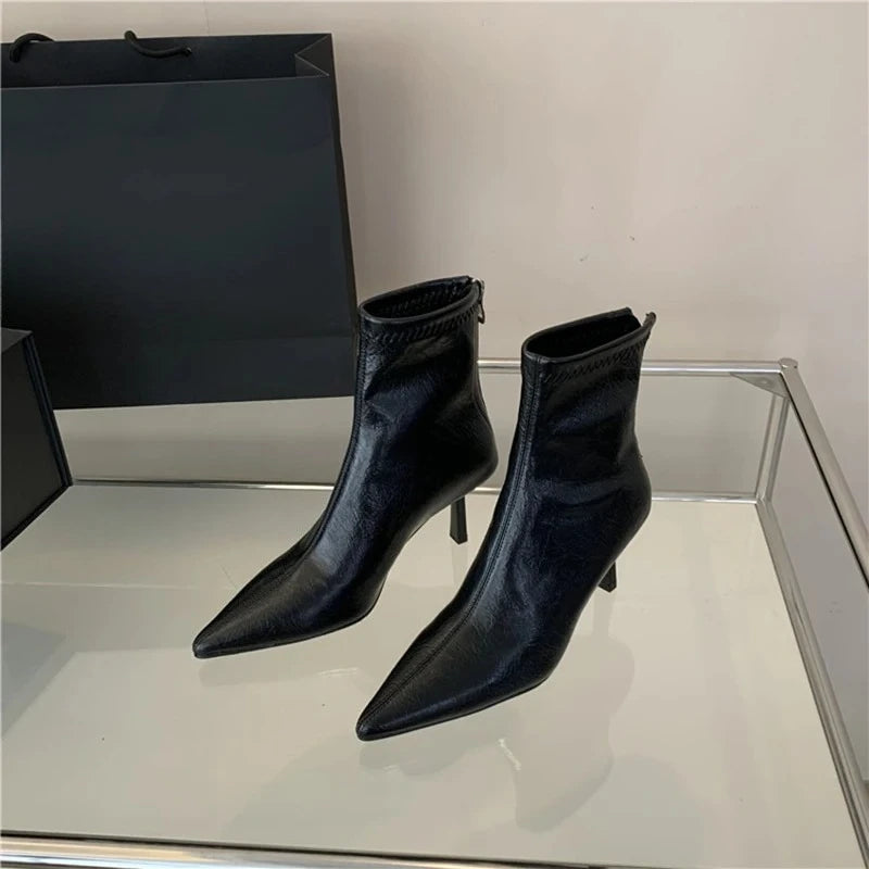 LIZAKOSHT  -   Soft Leather Elegant High Heel Short Booties Women Autumn Trendy Pointed Toe Modern Ankle Boots Formal Dress Daily Shoes