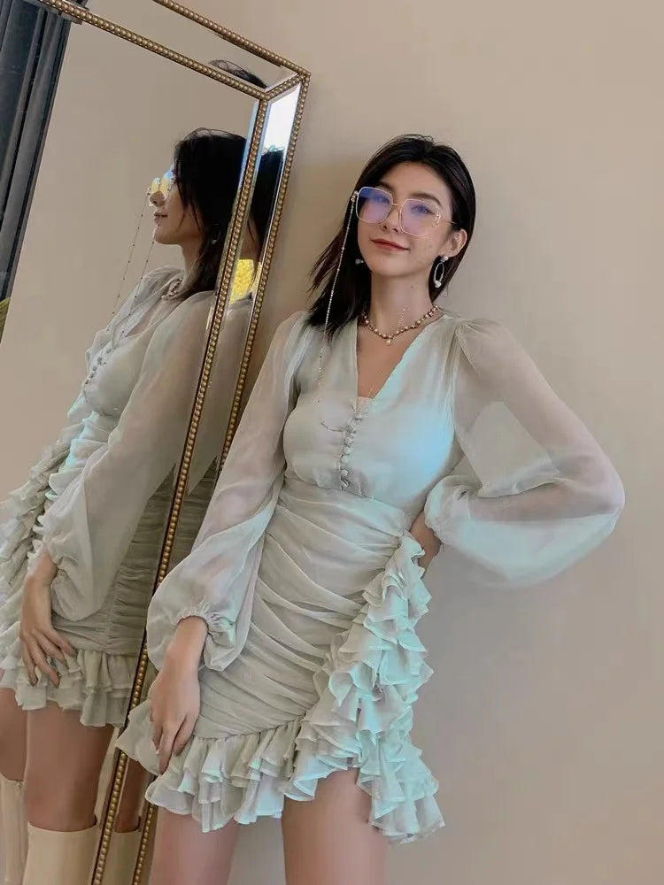 Lizakosht Spring and Autumn Dress Minority Chiffon V-neck Long Sleeve Fold Waist ruffled skirt Holiday Dress
