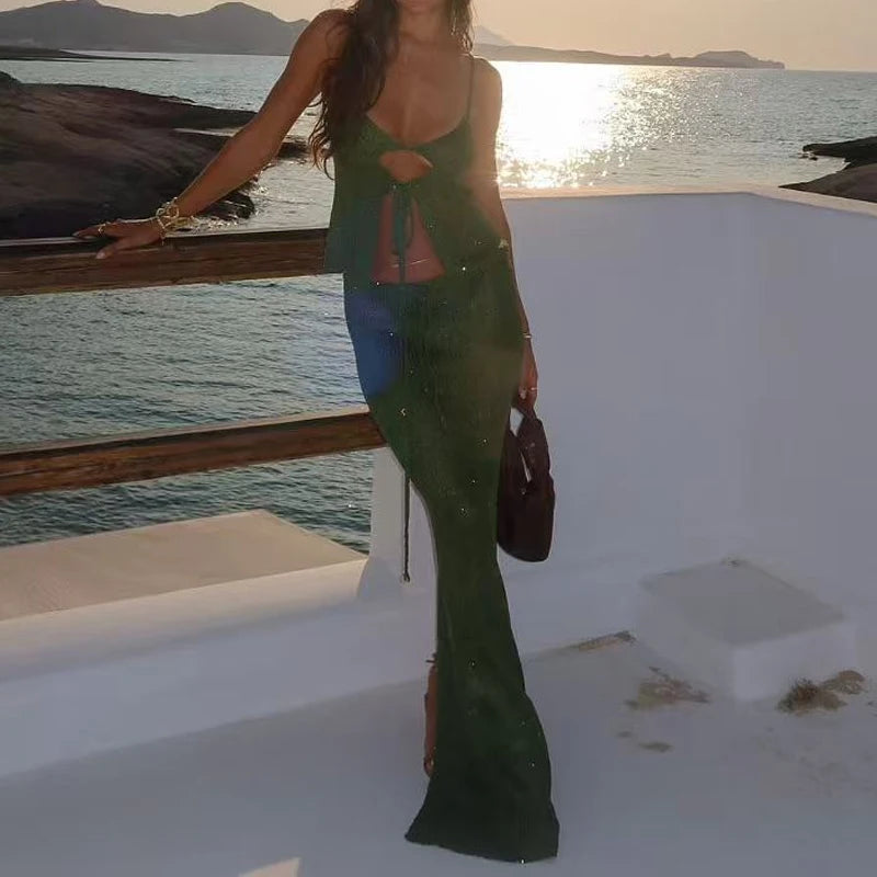 LIZAKOSHT  -  Elegant Off Shoulder Sling Top & Skirt Outfits Sexy Sleeveless Hollow Out Long Skirt Set Women Fashion Backless Slim Beach Suit