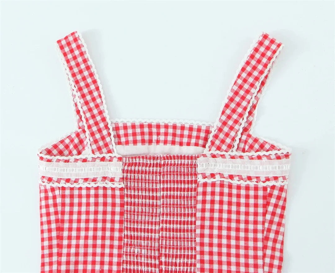 LIZAKOSHT  -  Women Strap Back Smocking Eloise Linen Top Tomato Check