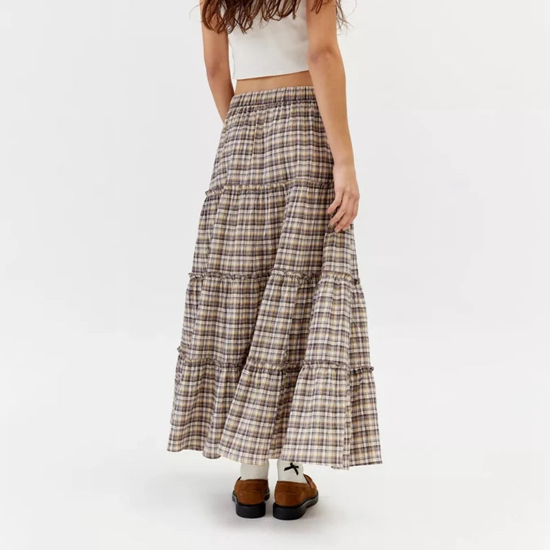 LIZAKOSHT  -  Y2k Women Gingham Tiered Maxi Skirts A Line Ruffle Plaid Midi Skirt Summer Beach Casual Loose Flowy Long Skirt