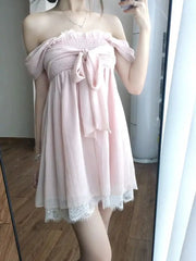  LIZAKOSHT  -  Sweet Lolita Kawaii Mini Dress Women Bowknot Off Shoulder Ruffle Lace Trim Loose Fit Princess Daily Kawaii Japanese Fashion