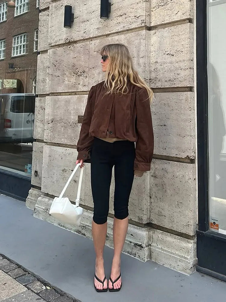 LIZAKOSHT  -  Retro Brown Suede Short Jacket Elegant Women Stand Collar Full Sleeves Single Breasteds Loose Coats Autumn Chic Lady Street Wear