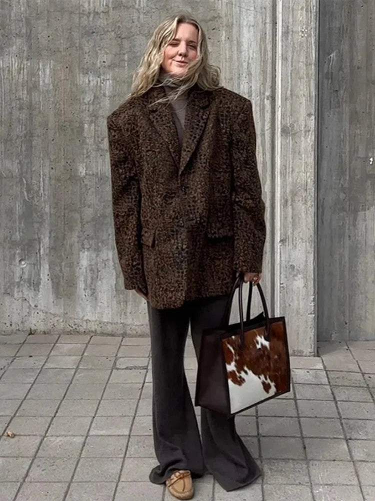 LIZAKOSHT  -  Leopard Turn-down Collar Coats Women Single-Breasted Long Sleeved Jackets For Woman Autumn Winter Office Vintage Outwears