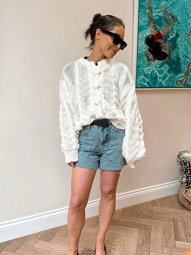 LIZAKOSHT  -  Fashion 3d Flower Solid Knitted Cardigan Women's Elegant O-neck Short Loose Sweater Autumn Female Commute Chic Outerwears