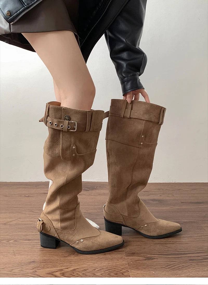 LIZAKOSHT  -  Vintage Rivet Hottie Women Knee-High Boots Fashion Belt Buckle Female Pleated Knight Long Booties Shoes