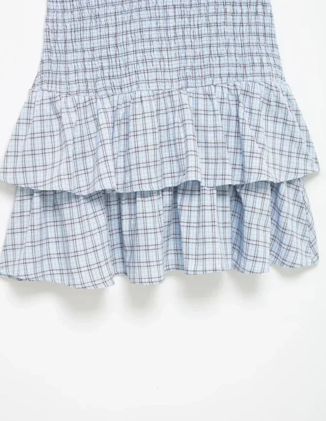 LIZAKOSHT  -  Plaid Waist Cinching A-line Dress Women Casual Short Sleeve V-neck Layered Pleated Mini Dresses Lady Holiday Street Robes
