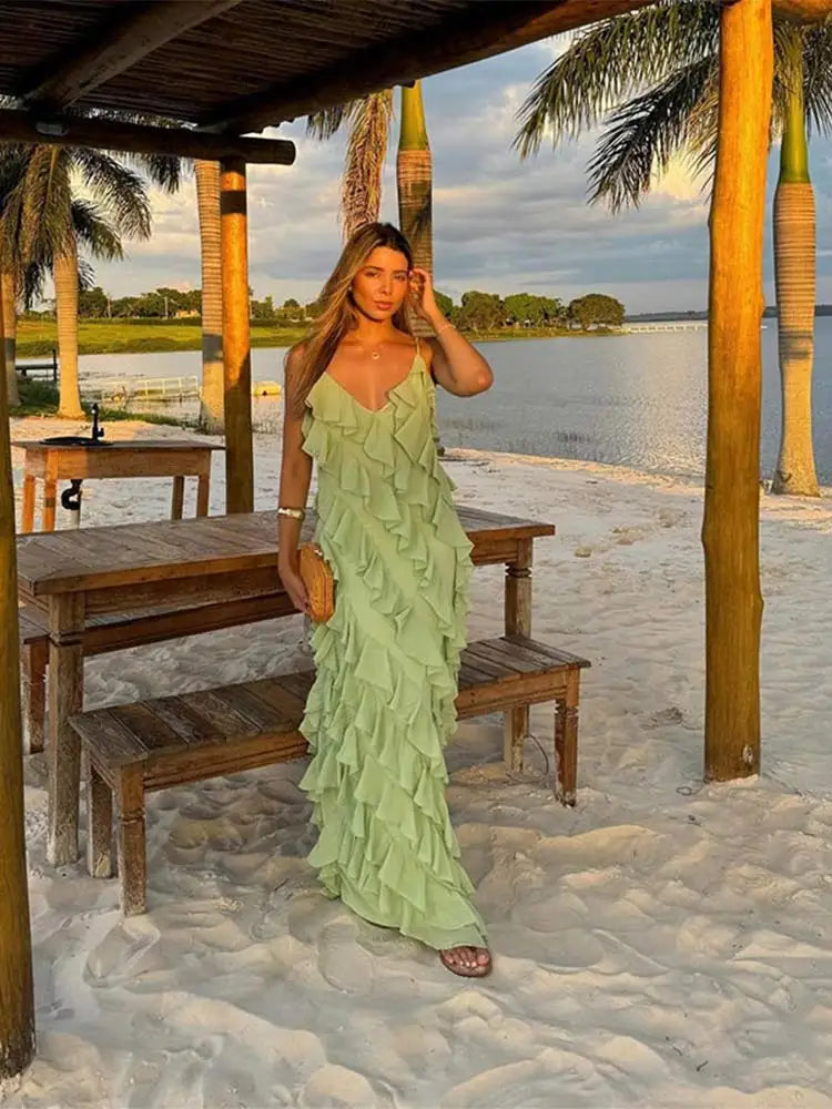 LIZAKOSHT  -  Fashion Green Women Sling Maxi Dress Elegant V-neck Sleeveless Slim Dresses 2024 Summer Female Chic Beach Vacation Robes