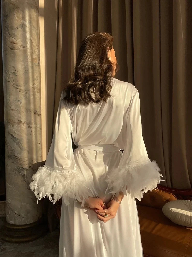 LIZAKOSHT  -  Soft White Wedding Robe Bridal Feather Sleeves Gown Bride Silk Boudoir Robes Satin Bridal Lingerie Long Bathrobe Handmade Kimono