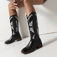 LIZAKOSHT  -  New Retro Embroidered Butterfly Western Cowboy Boots Square Head Thick Heel Thin Knight Boots Large Size Women's Boots 35&46