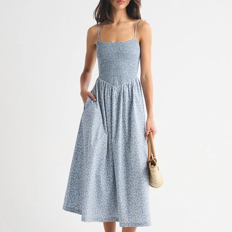 LIZAKOSHT  -  Women Elegant Hight Waist Draped Holiday Dress Fashion Striped Print Sleeveless Long Dress Sexy Off Shoulder Summer Party Dress