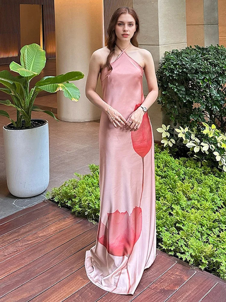 LIZAKOSHT  -  Elegant Print Halter Long Dress Women Backless Lace Up Sleeveless Beach Vestido Female 2025 Spring Summer Fashion Chic Dresses