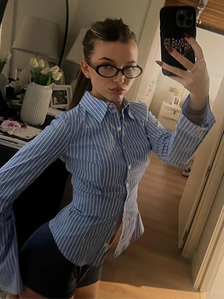 LIZAKOSHT  -  Women's Striped Fitted Shirt Full Sleeve Single Breasted Lapel Neck Top 2026 Spring Summer Female Casual Outings Daily Matching