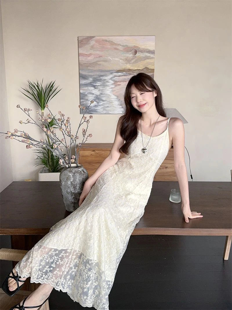 LIZAKOSHT  -  Adjustable Strap Embroidered Dress Women White Sweet Slim Blackless Camis Dress Sexy Off Shoulder Vacation Beach Party Vestidos