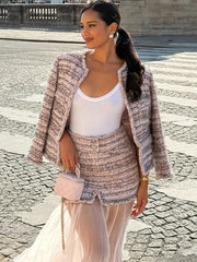 LIZAKOSHT  -  Tweed Coats Skirts Sets Women O Neck Long Sleeves High Waist Patchwork Mesh Suits Female New Chic Street Sets 2 Pieces