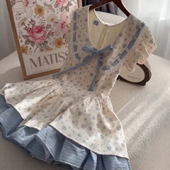LIZAKOSHT  -  Summer Floral Lace Chic Dress Women Square Neck Puff Sleeve Bow High Waist Princess Dress Sweet Cute Elegant Casual Party Dress