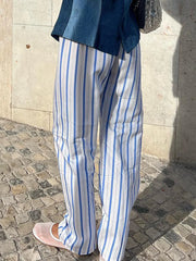 LIZAKOSHT  -  Women's Casual Straight Pants Elastic Waist Plaid/Striped Print Pants Lounge Trousers with Pockets for Daily Life Spring Fall