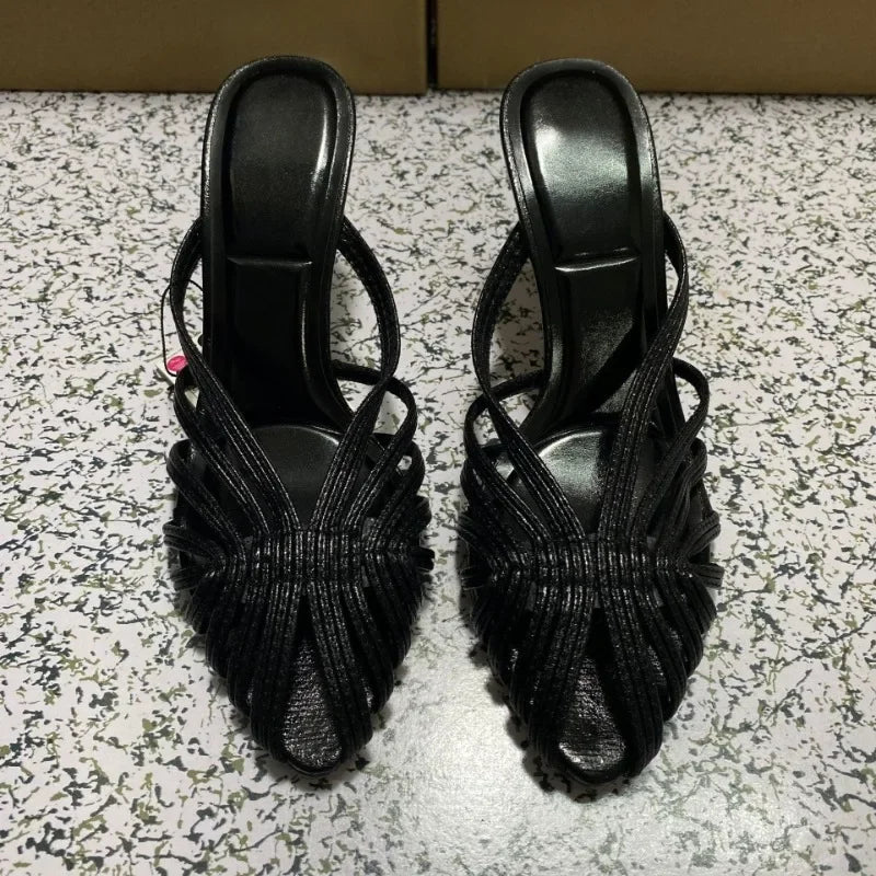 LIZAKOSHT  -  Summer High Heeled Women Modern Sandals Retro Soft Leather Mules Brand Design Black Leisure Hollow Out Lady Party Shoes