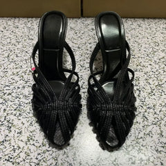 LIZAKOSHT  -  Summer High Heeled Women Modern Sandals Retro Soft Leather Mules Brand Design Black Leisure Hollow Out Lady Party Shoes