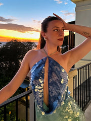 LIZAKOSHT  -  Sequins Contrast Color Halter Mini Dress Women Hollow Out Backless Off Shoulder Party Dresses 2025 Summer Street Glitter Robe