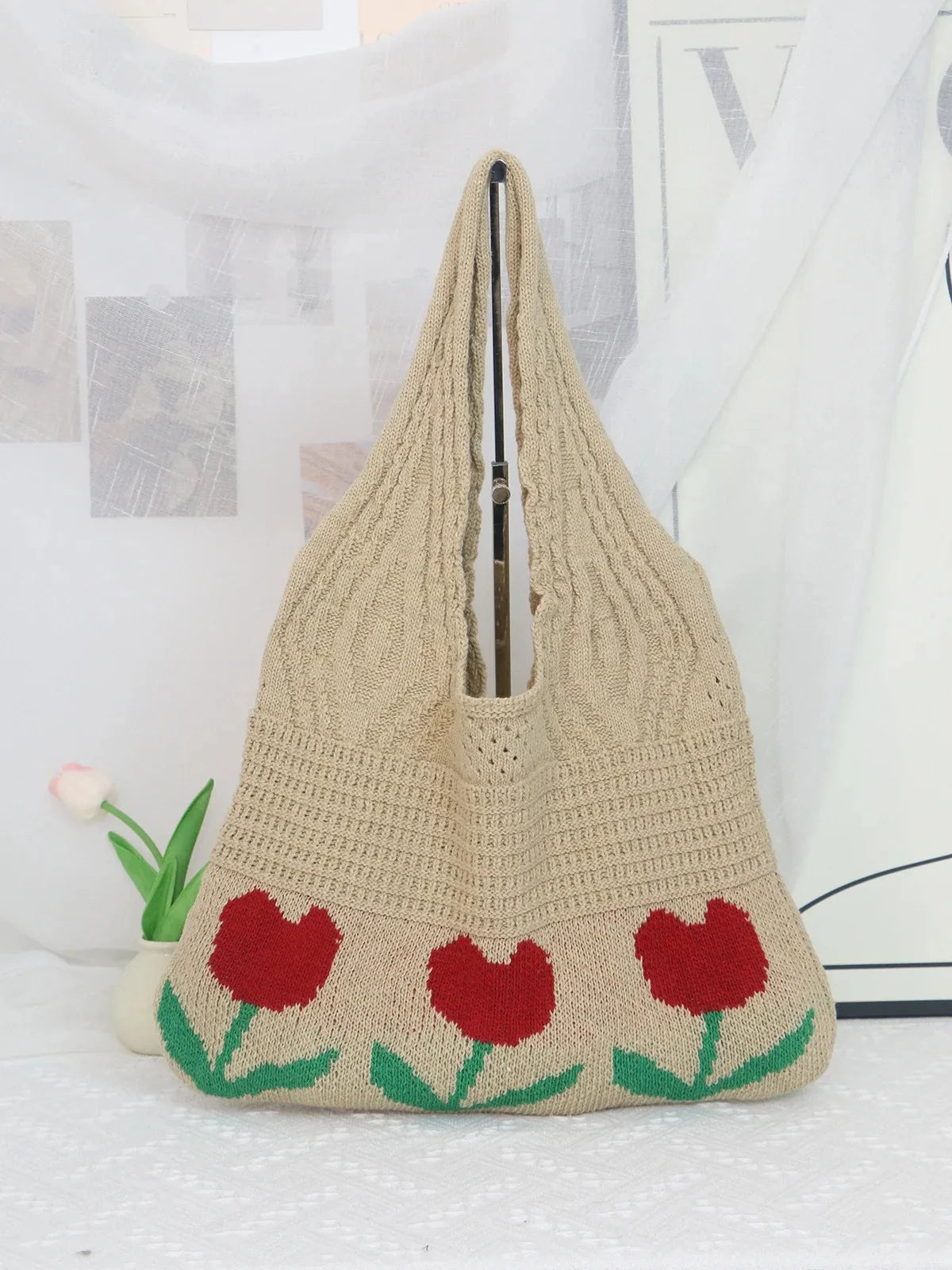 LIZAKOSHT  -  Floral Knitted Hollow out Yarn Single Shoulder Bag Vintage Style round Cylinder Soft Polyester Fiber Beach Travel Handbag