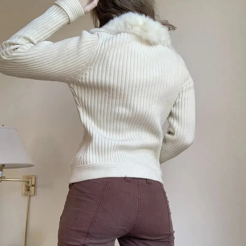 LIZAKOSHT  -  Women Knitted Coats Fall Winter American Simple Furry Patchwork Slim Fit Jacket Office Lady Elegant Zipper Fashion Female Tops