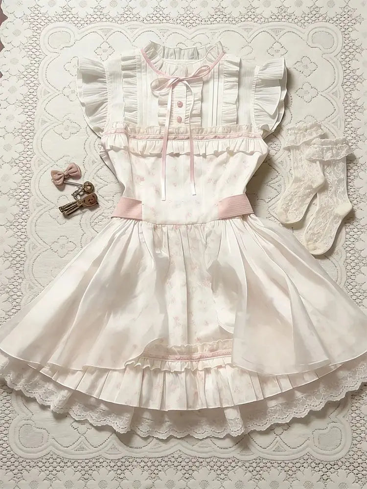 LIZAKOSHT  -  Vintage Japanese Print Elegant Sweet Slim Sleeveless Dress Summer New Designer Kawaii Warm Lace Pretty Bow Women's Dresses