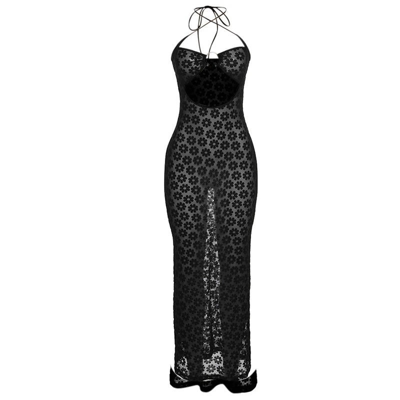 LIZAKOSHT  -  y2k Dress Women Summer Floral Print Hollow Out Spaghetti Strap Sleeveless Halter Neck Bodycon Dresses Party Dresses