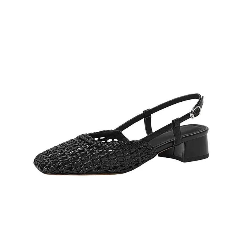 LIZAKOSHT  -  Hot Selling Weaved Slingback Sandals Woman Straw Plaited Low Heel Sandalias Ladies Brand Design Summer Square Toe Hollow Out