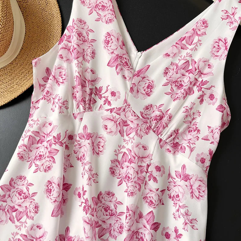 LIZAKOSHT  -  Printed Dress European and American Women's Summer Holiday Style Fashion V-neck Shoulder Strap