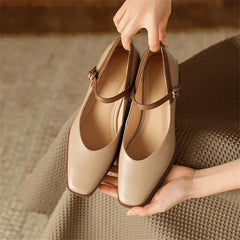 LIZAKOSHT New Genuine Leather Vintage Women Shoes Fashion Square Toe Pumps Chunky Heel Spring Shoes Women Zapatos De Mujer Mary Jane Shoes