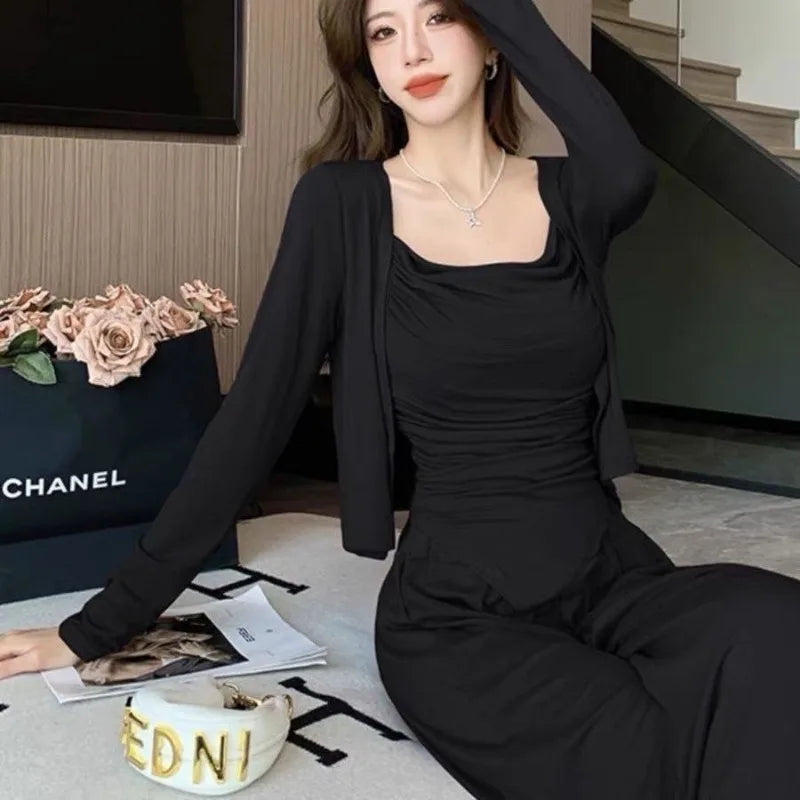 LIZAKOSHT  -  Lazy Casual Suit for Women  Spring Autumn New Long Sleeve Cardigan+ Irregular Camisole Vest+ High Waist Wide Leg Pants